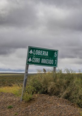 Steppen patagonya manzarasının ortasında işaret direği, Puerto medryn, Chubut bölgesi, Arjantin