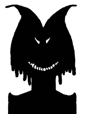 Siyah siluet şeytani kafa, orta kare portre el çizimi.