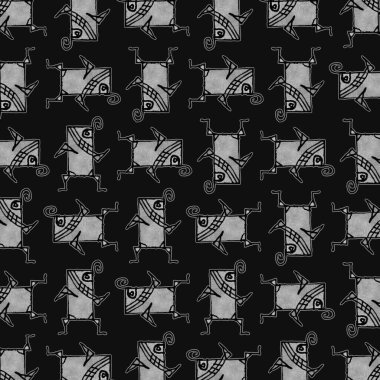 Komik el çizilmiş fantezi karakter motifi siyah ve beyaz renk deseni