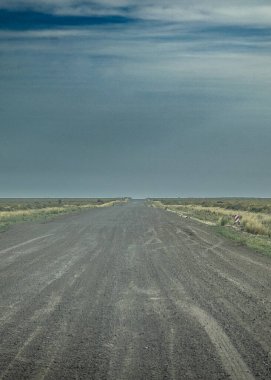 Sürücü refakatçisi bakış açısı gündüz açık arazide çakıllı otoyol manzarası, chubut bölgesi, Arjantin