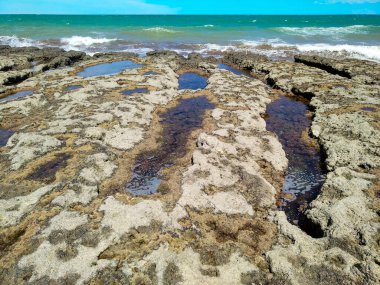 Las Grutas 'ta alçak gelgit plajı, Rio Negro, Arjantin' de bir sahil beldesi.
