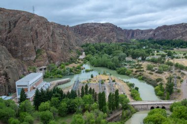 Aerial view of florentino ameghino dam, a gravity dam in chubut province, patagonia, argentina clipart