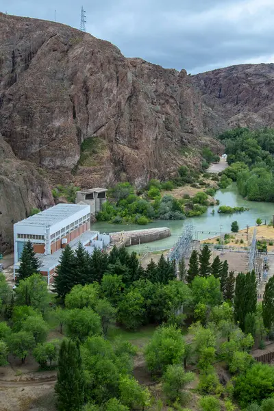 stock image Aerial view of florentino ameghino dam, a gravity dam in chubut province, patagonia, argentina