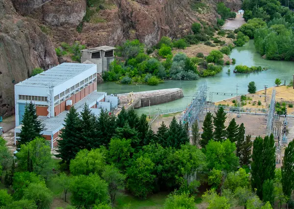 Stock image Aerial view of florentino ameghino dam, a gravity dam in chubut province, patagonia, argentina