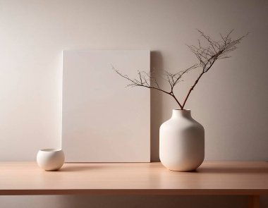 Ahşap masa üzerinde lehimli renkler, geometrik nesneler ve botanik motif dizilimi ile ön görünüm iç minimalist ev dekoru sahnesi