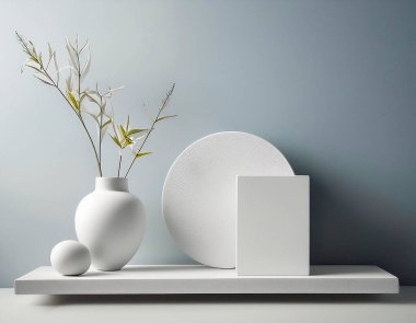 Ahşap masa üzerinde lehimli renkler, geometrik nesneler ve botanik motif dizilimi ile ön görünüm iç minimalist ev dekoru sahnesi