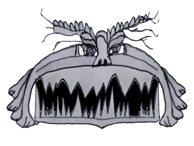 Yüzünde kızgın yüz ifadesi olan çirkin gri canavar izole edilmiş bir resim çizmiş.