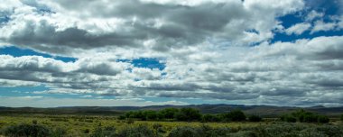 Steppe patagonya manzarası ve dağlar arka planda, Cushamen Bölümü, Chubut Bölgesi, Arjantin