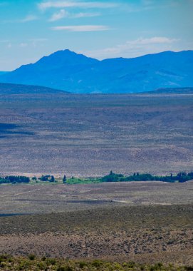 Steppe patagonya manzarası ve dağlar arka planda, Cushamen Bölümü, Chubut Bölgesi, Arjantin