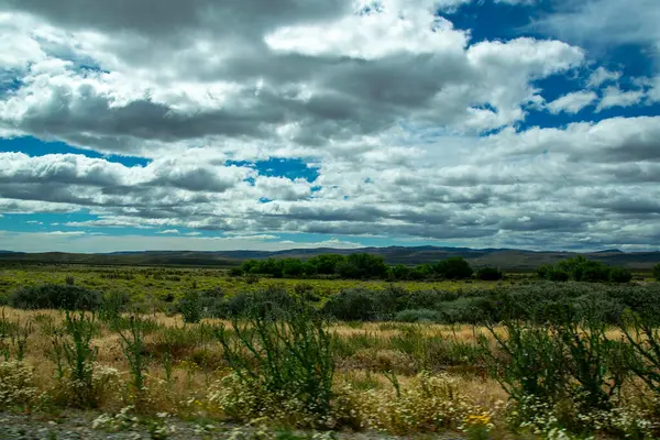 Steppe patagonya manzarası ve dağlar arka planda, Cushamen Bölümü, Chubut Bölgesi, Arjantin