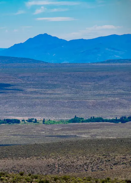 Steppe patagonya manzarası ve dağlar arka planda, Cushamen Bölümü, Chubut Bölgesi, Arjantin