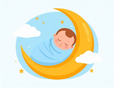 Yumuşak bir battaniyeye sarılı uyuyan bir bebeğin, etrafında yıldızlar ve bulutlar olan hilal bir ay üzerinde yatışının en küçük çizimi.. 