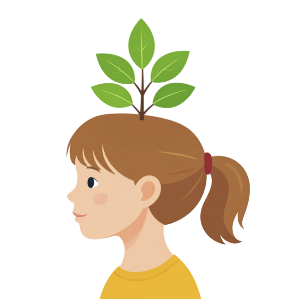 Bir çocuğun kafasından büyüyen bir bitkinin öğrenmeyi ve büyümeyi simgelediğini gösteren kavramsal çizgi film çizimi.