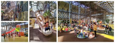 Montevideo, Uruguay: March 23 2024: Photo collage of espacio modelo building, a modern indoor public park of montevideo city, uruguay