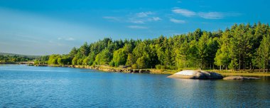 Geniş açılı orman ve göl manzarası yaz öğleden sonra, alvao gölü, vila pouca de aguiar, Portekiz