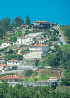 Resimli bir dağ köyünün yüksek açılı görüntüsü orman yamaçlarında, fafe 'de, braga bölgesinde, Portekiz' de kümelenmiş evler.