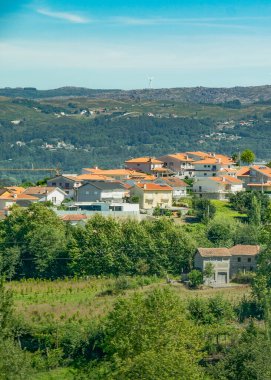 Resimli bir dağ köyünün yüksek açılı görüntüsü orman yamaçlarında, fafe 'de, braga bölgesinde, Portekiz' de kümelenmiş evler.