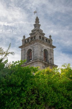 Villa Pouca do aguiar 'daki tarihi kilise kulesinin ön planda gün ışığında yakalanan ağaçlarla orta büyüklükte bir fotoğrafı.