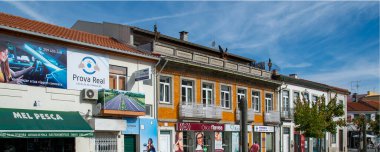 Vila Pouca do Aguiar, Portugal: August 14 2023: A wide shot of the main square in Vila Pouca de Aguiar, Portugal, on a sunny day. 