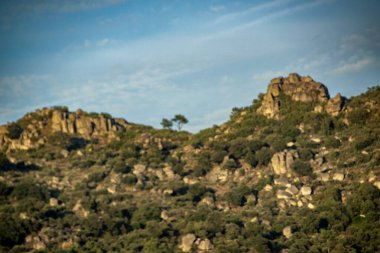 Mavi gökyüzünün altındaki kayalık dağ manzarası gün ışığında doğal yabanı gösteriyor..