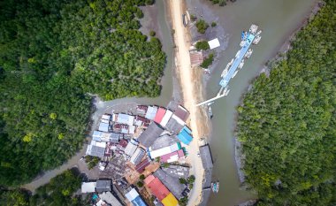 Pang Nga Körfezi limanında balıkçı tekneleri ve turist tekneleri görünüyor.