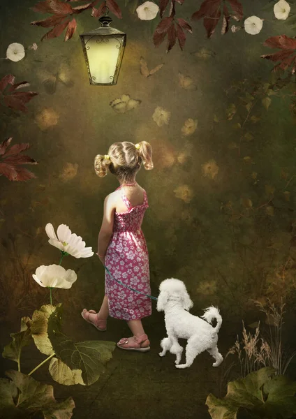 Ένα Κοριτσάκι Ένα Κανίς Περπατάει Ένα Κήπο Νεράιδες — Φωτογραφία Αρχείου