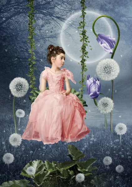 ピンクのドレスの少女がタンポポの間の魔法の森の中のスイングに座っている — ストック写真