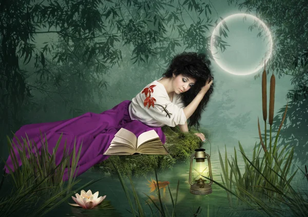 Young Girl Looking Expanse Water Moonlight — Stock Photo, Image