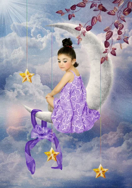 Little Girl Sitting Crescent Moon Night Sky Surrounded Stars Stock Picture
