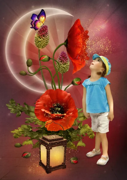 Ein Kleines Mädchen Blickt Überrascht Auf Die Magischen Mohnblumen Stockbild