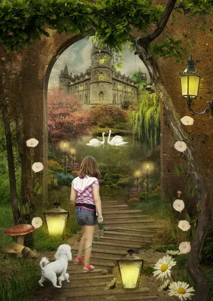 一个小女孩牵着一条狗沿着小路走向一座童话般的城堡 图库照片