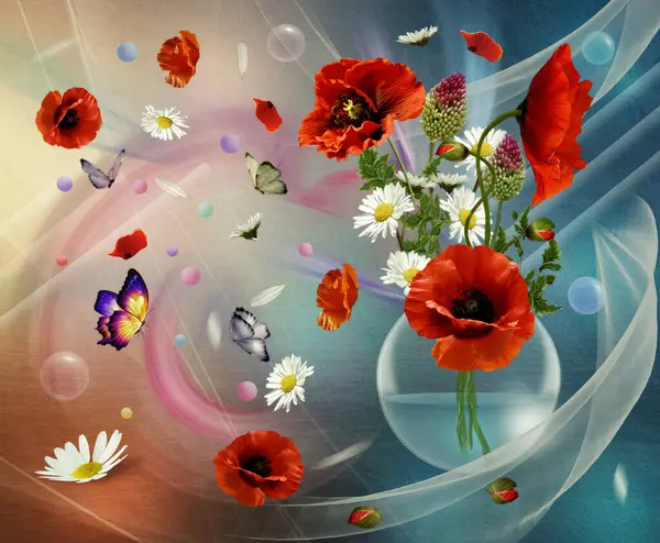 玻璃瓶里的红罂粟和雏菊 周围环绕着蝴蝶和花瓣 背景很抽象 图库照片