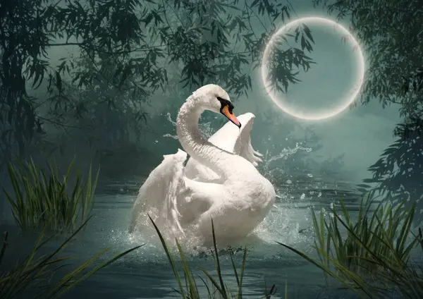 Cygne Blanc Éclaboussant Dans Rivière Sous Clair Lune Image En Vente