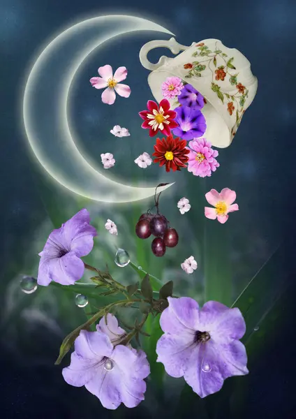 大地蓝铃花 在月牙的光芒下 在夜草中滴着露珠 在抽象的背景下 从杯子中飘落着花朵 免版税图库照片