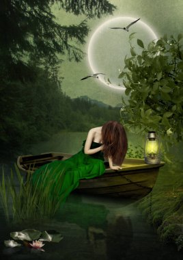 Ay ışığında, nehirde bir teknede oturan üzgün kız