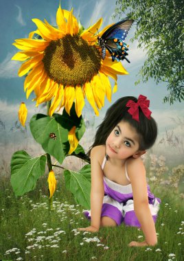 Bahçenin çimlerinde oturan küçük bir kız, üzerinde güzel bir kelebeğin oturduğu büyük bir ayçiçeğine şaşırır.