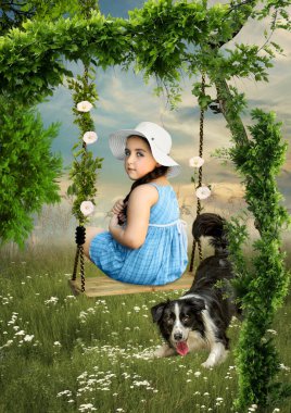 Uzun örgülü, beyaz şapkalı küçük kız omzunun üzerinden bakıyor salıncakta oturuyor. Tarlada vahşi çanlar ile süslenmiş.