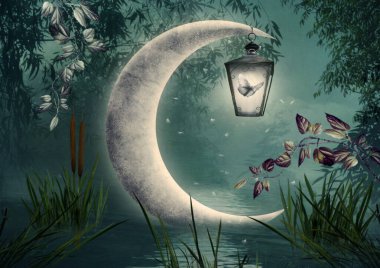 Nehrin su yüzeyine batmış hilal bir fenerin ışığıyla aydınlatılır.