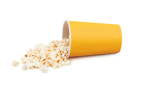 Scattered Popcorn Yellow Bucket Isolated White Background — Stock Photo, Image