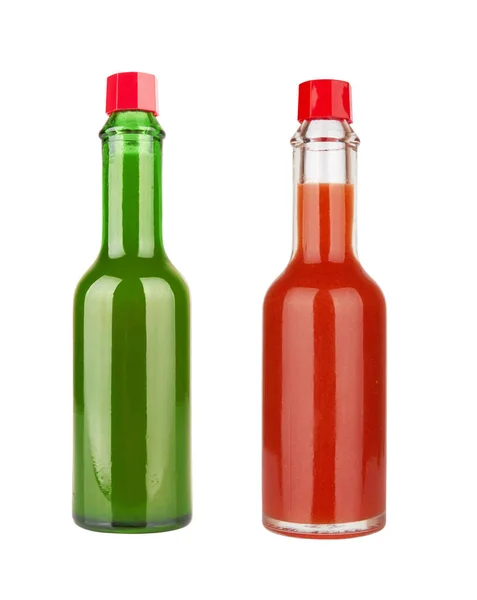 Flaska Med Kryddig Röd Varm Sås Isolerad Vit Bakgrund — Stockfoto