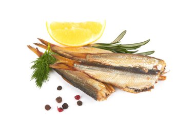 Sprats without their heads isolated on a white background clipart