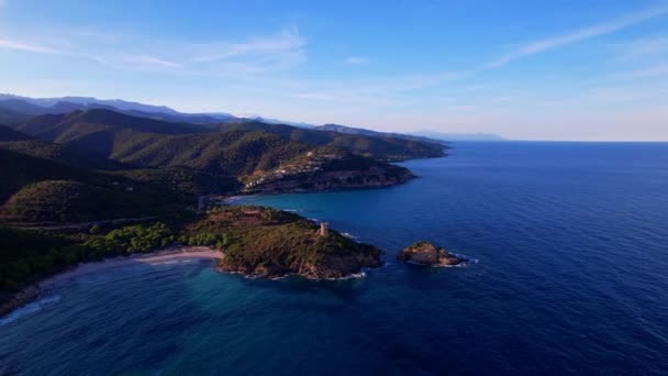 Genoese Wieże Wyspie Korsyka Torra Fautea Nad Zachodem Słońca Wideo — Wideo stockowe