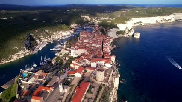 Bonifacio Stad Klipporna Korsika Flygbilder Med Drönare Populärt Turistmål Frankrike — Stockvideo