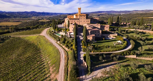Talya Toscana Manzarası Toskana Nın Manzaralı Üzüm Bağları Ortaçağ Kalesi — Stok fotoğraf