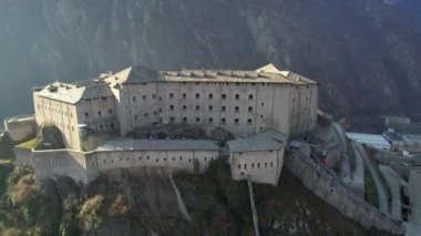Famous medieval castles of valle d'Aosta - impressive Bard fort. aerial drone footage