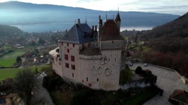 Most beautiful medieval castles of France - fairytale Menthon located near lake Annecy. aerial view