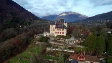 Most beautiful medieval castles of France - fairytale Menthon located near lake Annecy. aerial view