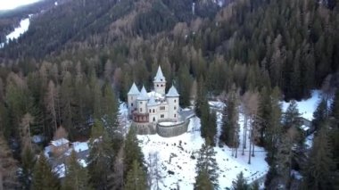 amazing fairytale medieval castle Savoia in Valle d'Aosta north of Italy. aerial drone view footage