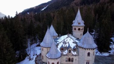 amazing fairytale medieval castle Savoia in Valle d'Aosta north of Italy. aerial drone view footage