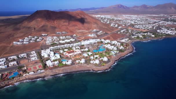 Lanzarote Island Playa Blanca Resort Aerial Drone Panoramic View Red — 图库视频影像
